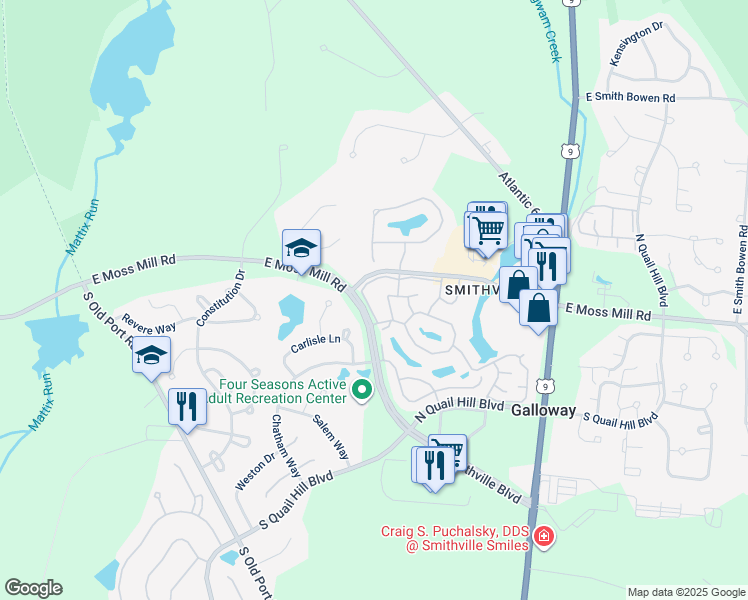map of restaurants, bars, coffee shops, grocery stores, and more near 573 Carlisle Lane in Galloway