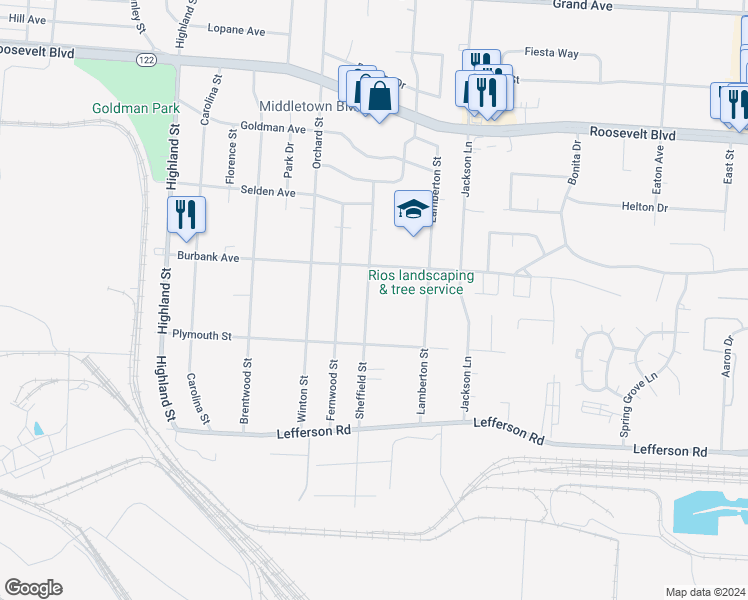 map of restaurants, bars, coffee shops, grocery stores, and more near 1929 Sheffield Street in Middletown