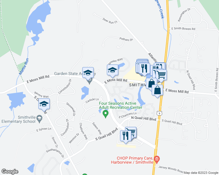 map of restaurants, bars, coffee shops, grocery stores, and more near 22 Driftwood Court in Absecon