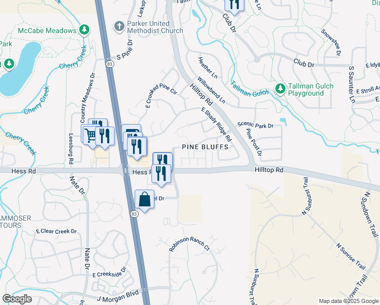 map of restaurants, bars, coffee shops, grocery stores, and more near 12245 Blue Fir Court in Parker