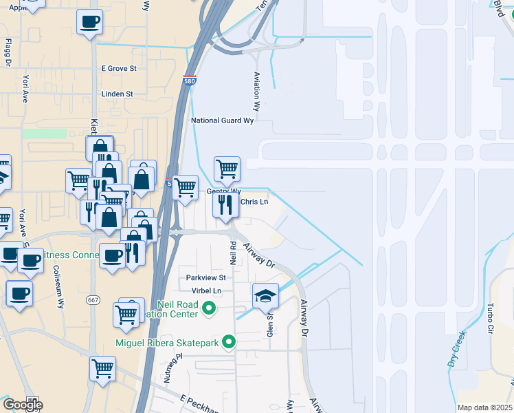 map of restaurants, bars, coffee shops, grocery stores, and more near 1380 Riley Avenue in Reno