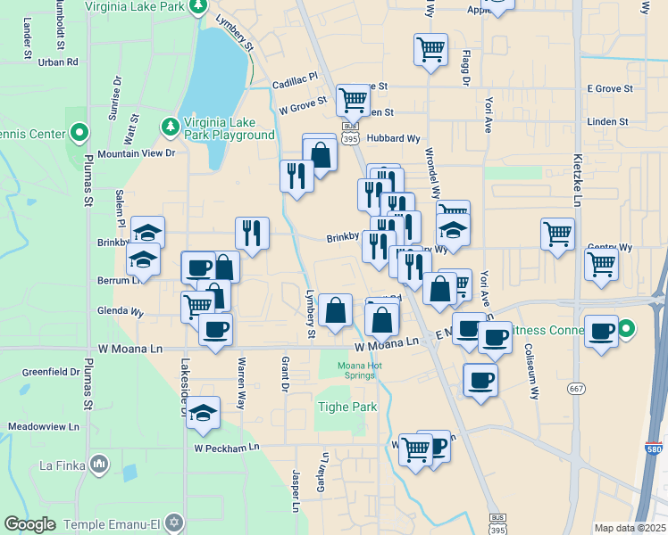 map of restaurants, bars, coffee shops, grocery stores, and more near 3295 South Virginia Street in Reno