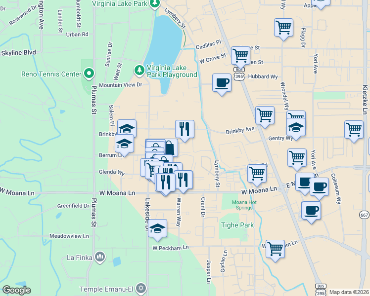 map of restaurants, bars, coffee shops, grocery stores, and more near 3300 Kauai Court in Reno