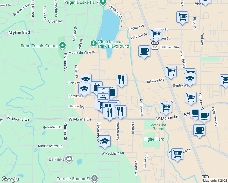 map of restaurants, bars, coffee shops, grocery stores, and more near 3376 Lakeside Drive in Reno