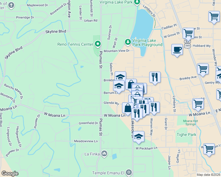 map of restaurants, bars, coffee shops, grocery stores, and more near 1200 Berrum Lane in Reno