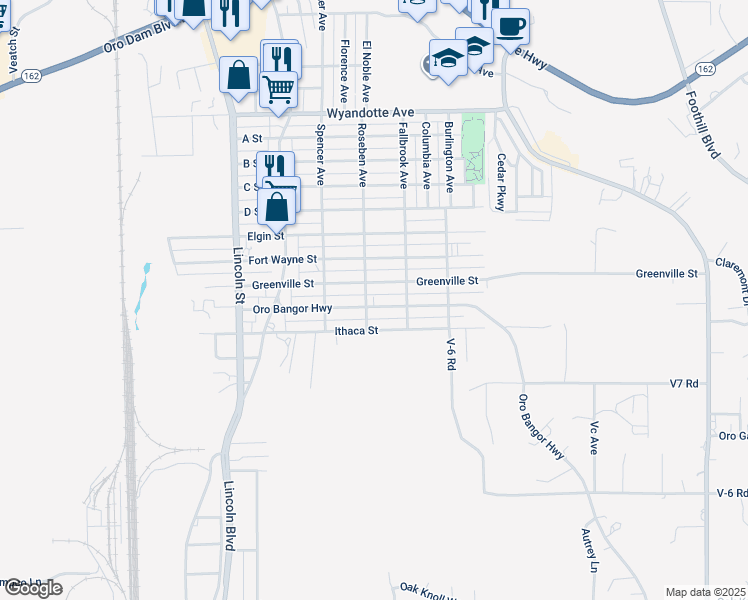 map of restaurants, bars, coffee shops, grocery stores, and more near 3975 Roseben Avenue in Oroville