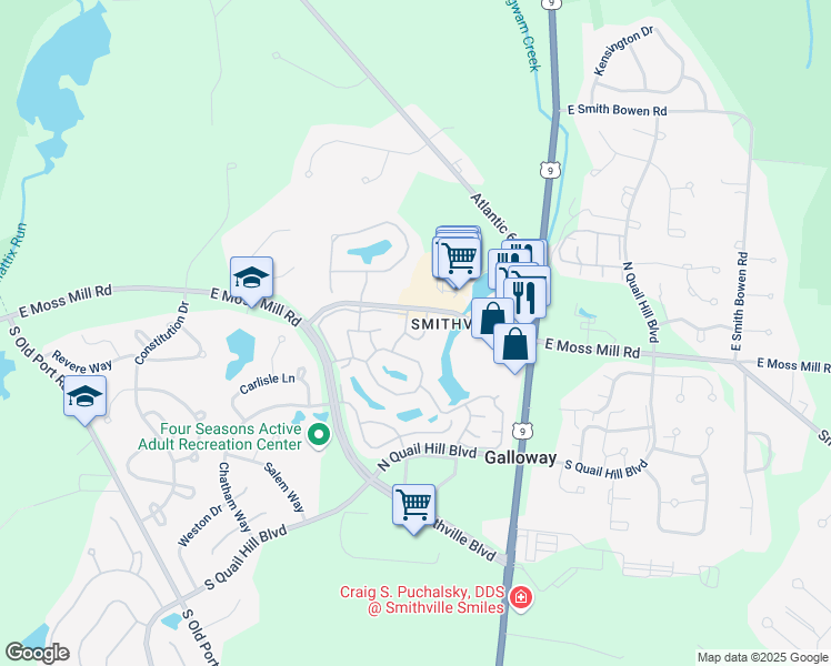 map of restaurants, bars, coffee shops, grocery stores, and more near 622 East Lake Front Circle in Galloway