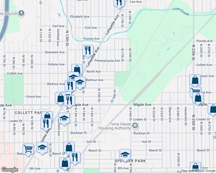 map of restaurants, bars, coffee shops, grocery stores, and more near 1535 Woodley Avenue in Terre Haute