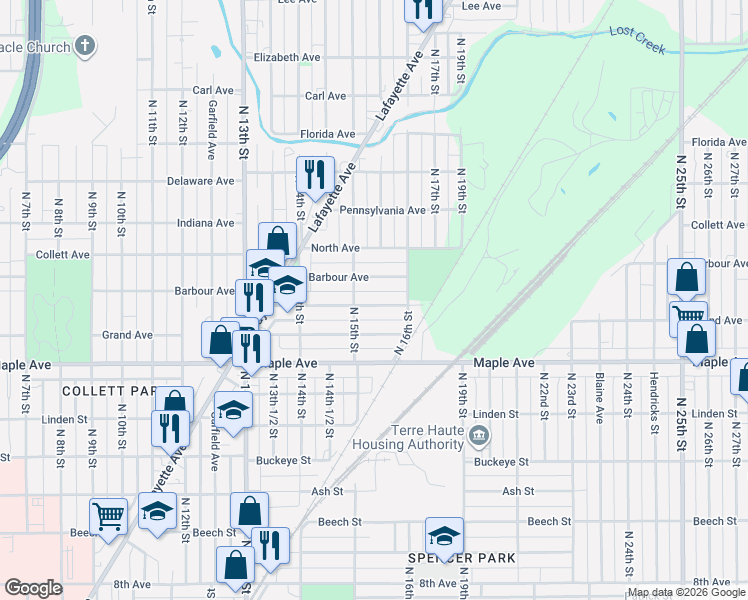 map of restaurants, bars, coffee shops, grocery stores, and more near 1500 Grand Avenue in Terre Haute