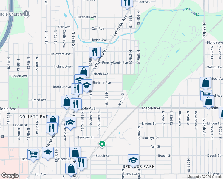 map of restaurants, bars, coffee shops, grocery stores, and more near 1500 Grand Avenue in Terre Haute