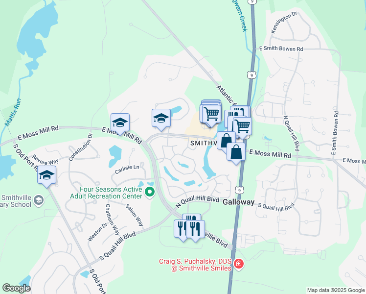 map of restaurants, bars, coffee shops, grocery stores, and more near in Galloway