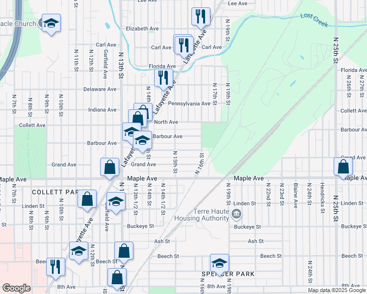 map of restaurants, bars, coffee shops, grocery stores, and more near 1500 Grand Avenue in Terre Haute