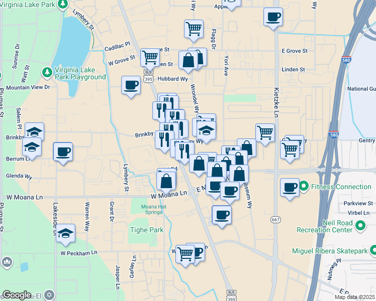 map of restaurants, bars, coffee shops, grocery stores, and more near 195 Gentry Way in Reno
