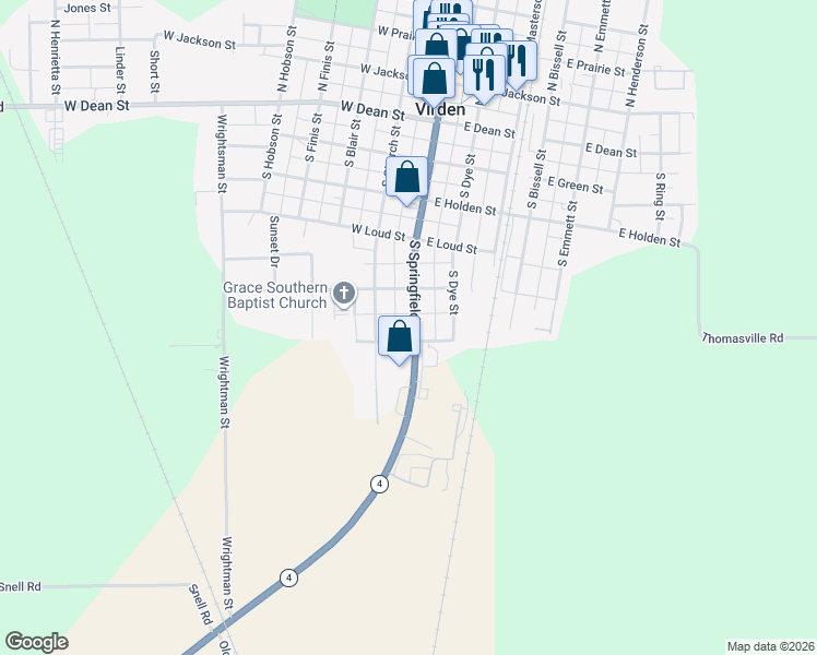 map of restaurants, bars, coffee shops, grocery stores, and more near 509 South Springfield Street in Virden