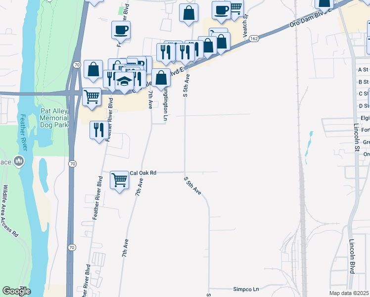 map of restaurants, bars, coffee shops, grocery stores, and more near 5th Avenue in Oroville