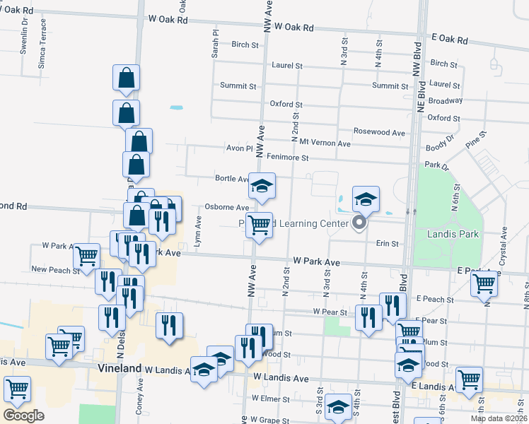 map of restaurants, bars, coffee shops, grocery stores, and more near 519 Northwest Avenue in Vineland