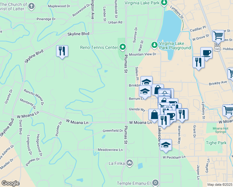 map of restaurants, bars, coffee shops, grocery stores, and more near 3105 Plumas Street in Reno