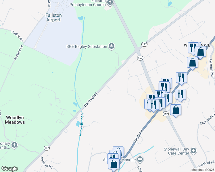 map of restaurants, bars, coffee shops, grocery stores, and more near 2601 Harford Road in Fallston