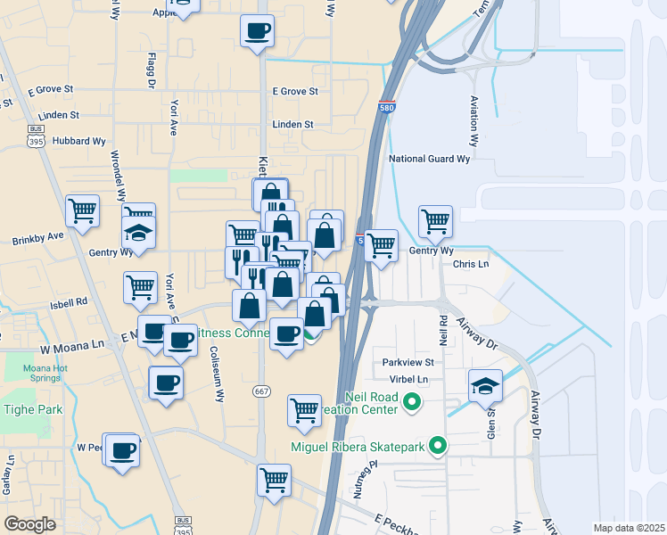 map of restaurants, bars, coffee shops, grocery stores, and more near 864 Gentry Way in Reno