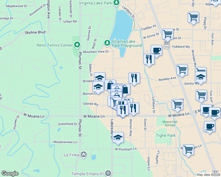 map of restaurants, bars, coffee shops, grocery stores, and more near 3095 Lakeside Drive in Reno