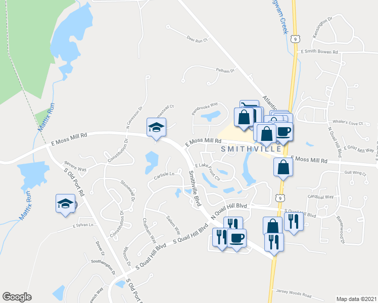 map of restaurants, bars, coffee shops, grocery stores, and more near 3 North Kendall Court in Galloway