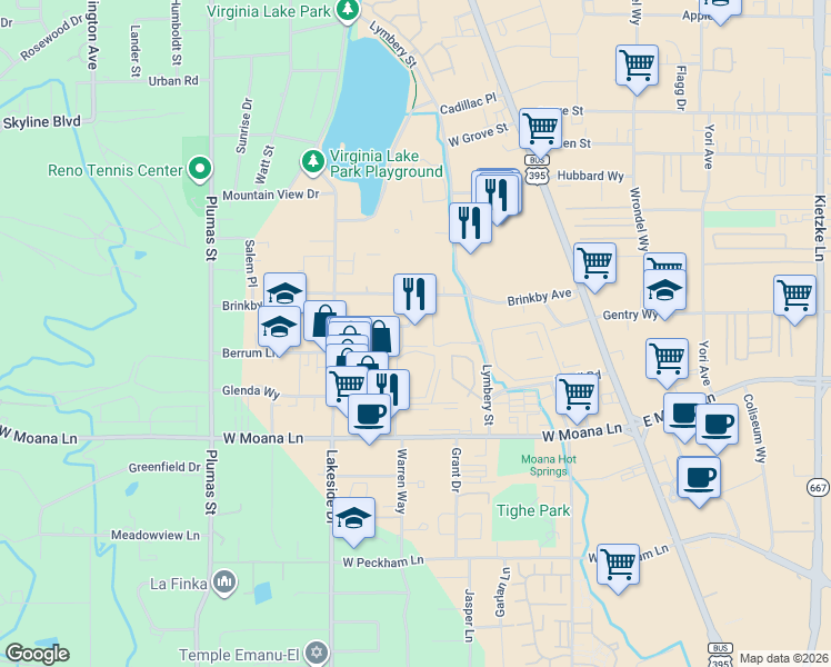 map of restaurants, bars, coffee shops, grocery stores, and more near 690 Robinhood Drive in Reno
