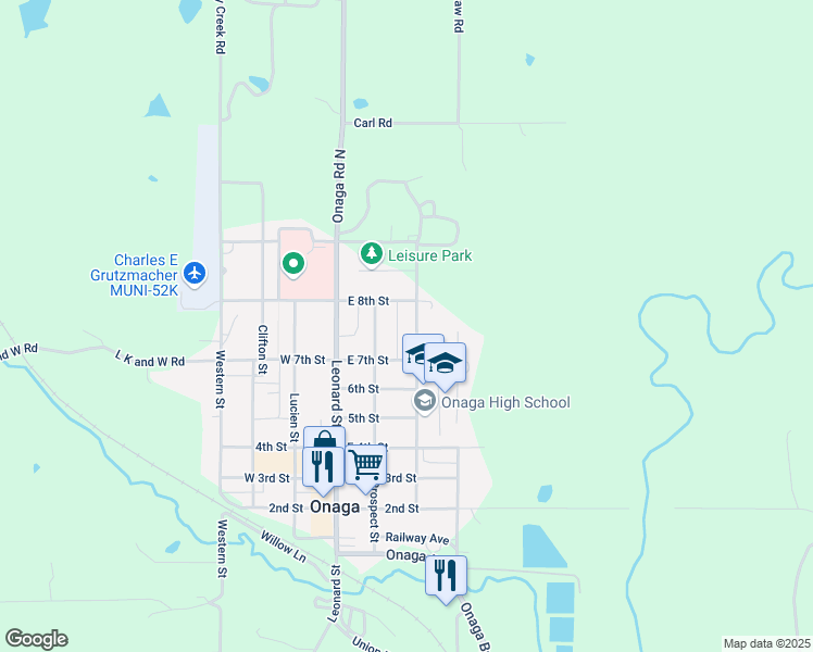 map of restaurants, bars, coffee shops, grocery stores, and more near 214 East 8th Street in Onaga