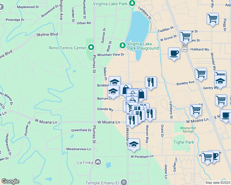map of restaurants, bars, coffee shops, grocery stores, and more near 1055 Berrum Lane in Reno