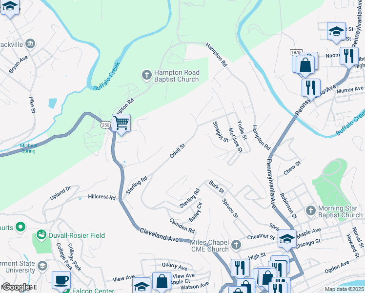 map of restaurants, bars, coffee shops, grocery stores, and more near 345 Odell Street in Fairmont