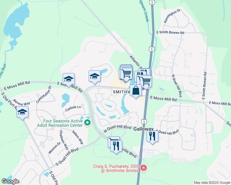 map of restaurants, bars, coffee shops, grocery stores, and more near 649 East Moss Mill Road in Galloway