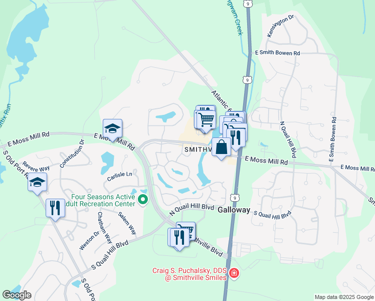map of restaurants, bars, coffee shops, grocery stores, and more near 649 East Moss Mill Road in Galloway