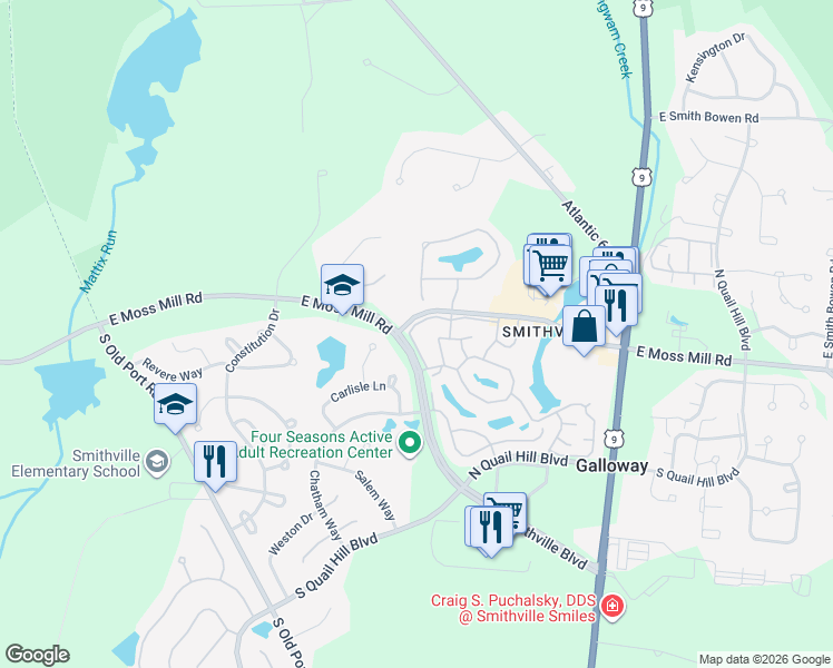 map of restaurants, bars, coffee shops, grocery stores, and more near 3 North Kendall Court in Galloway