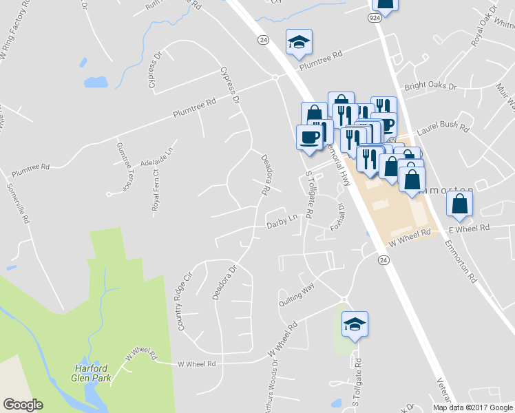 map of restaurants, bars, coffee shops, grocery stores, and more near 2224 Deadora Road in Bel Air