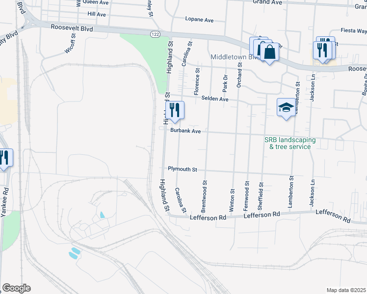 map of restaurants, bars, coffee shops, grocery stores, and more near 1925 Carolina Street in Middletown