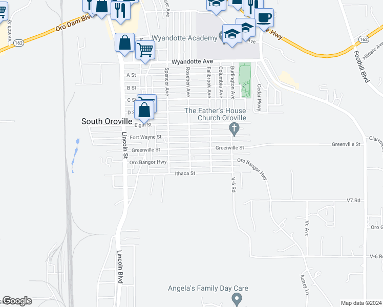 map of restaurants, bars, coffee shops, grocery stores, and more near 3825 Roseben Avenue in Oroville