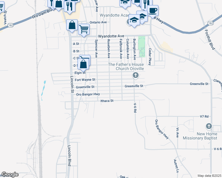 map of restaurants, bars, coffee shops, grocery stores, and more near 3825 Roseben Avenue in Oroville