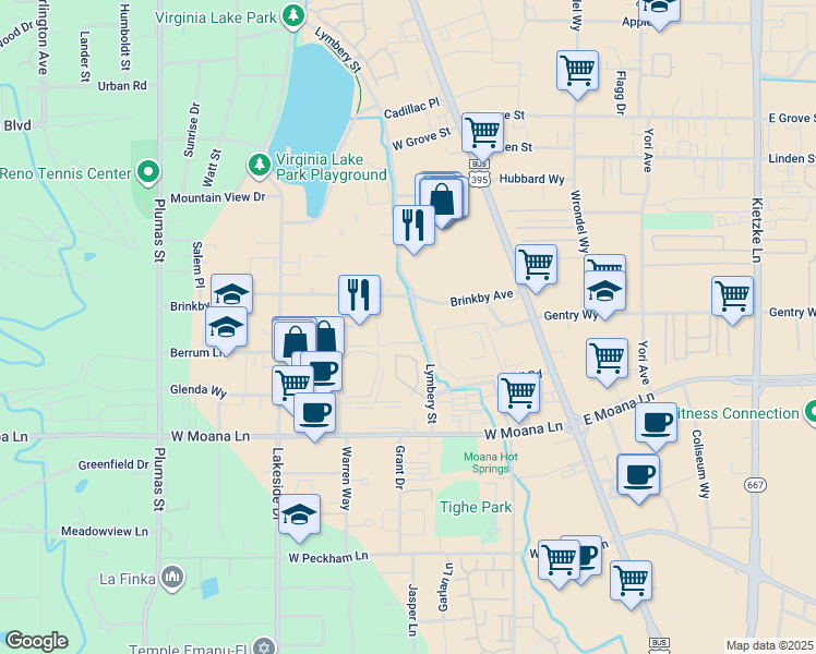 map of restaurants, bars, coffee shops, grocery stores, and more near 580 Brinkby Avenue in Reno