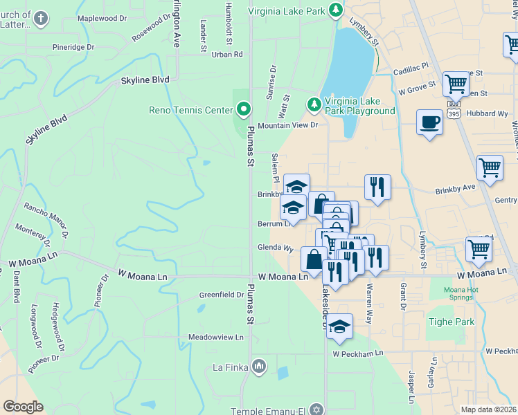 map of restaurants, bars, coffee shops, grocery stores, and more near 1300 Brinkby Avenue in Reno