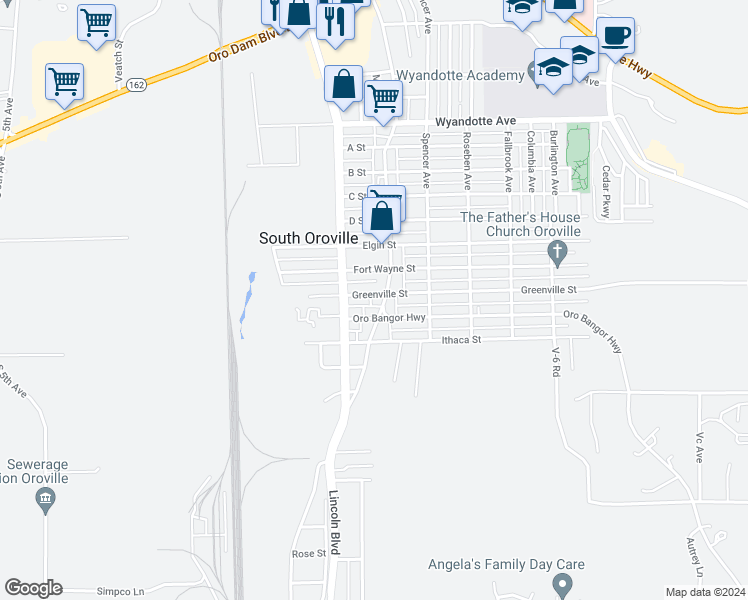 map of restaurants, bars, coffee shops, grocery stores, and more near 1960 Greenville Street in Oroville