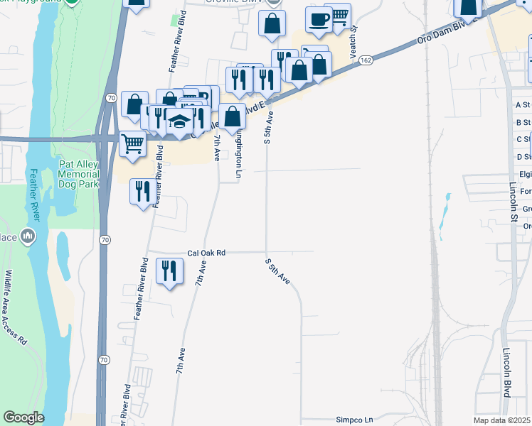 map of restaurants, bars, coffee shops, grocery stores, and more near 2594 South 5th Avenue in Oroville