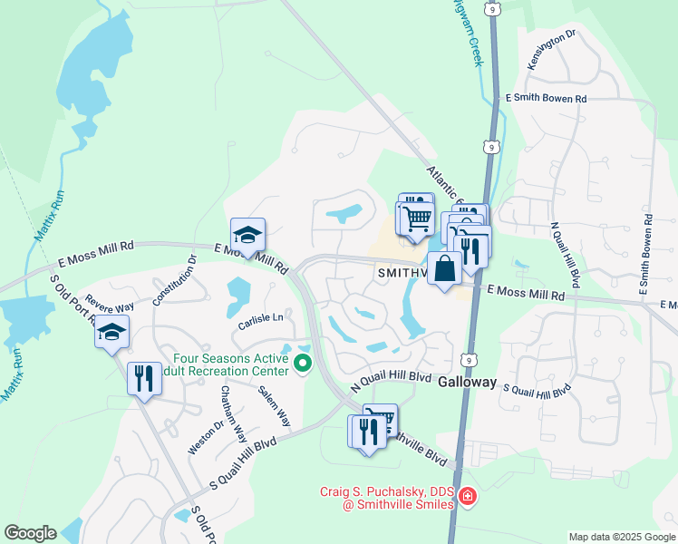 map of restaurants, bars, coffee shops, grocery stores, and more near 122 Meadow Ridge Road in Absecon