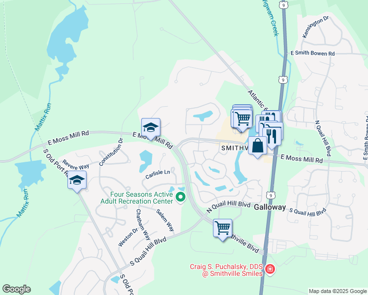 map of restaurants, bars, coffee shops, grocery stores, and more near 3 North Kendall Court in Galloway