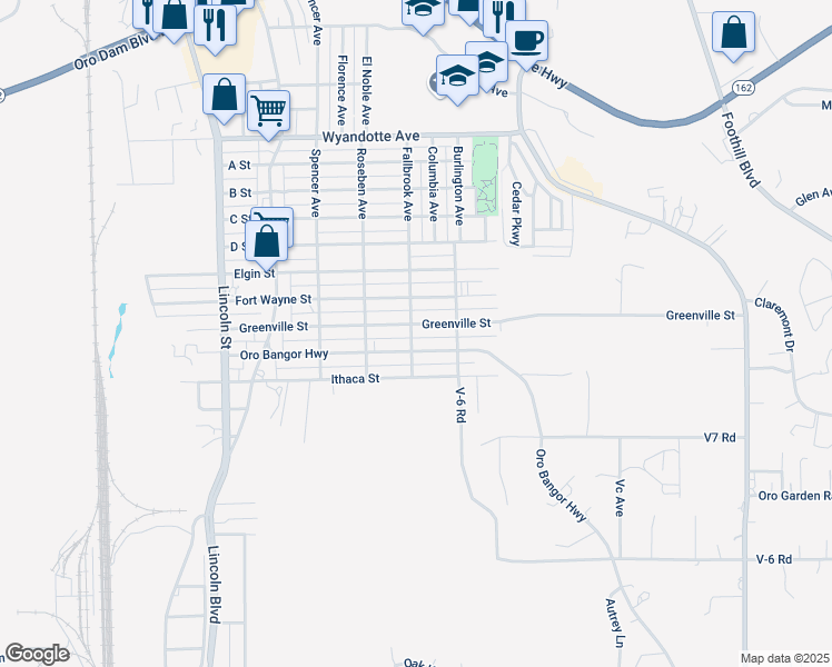 map of restaurants, bars, coffee shops, grocery stores, and more near 3859 Fallbrook Avenue in Oroville
