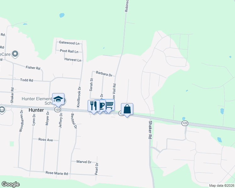map of restaurants, bars, coffee shops, grocery stores, and more near 3676 Robinson Vail Road in Franklin