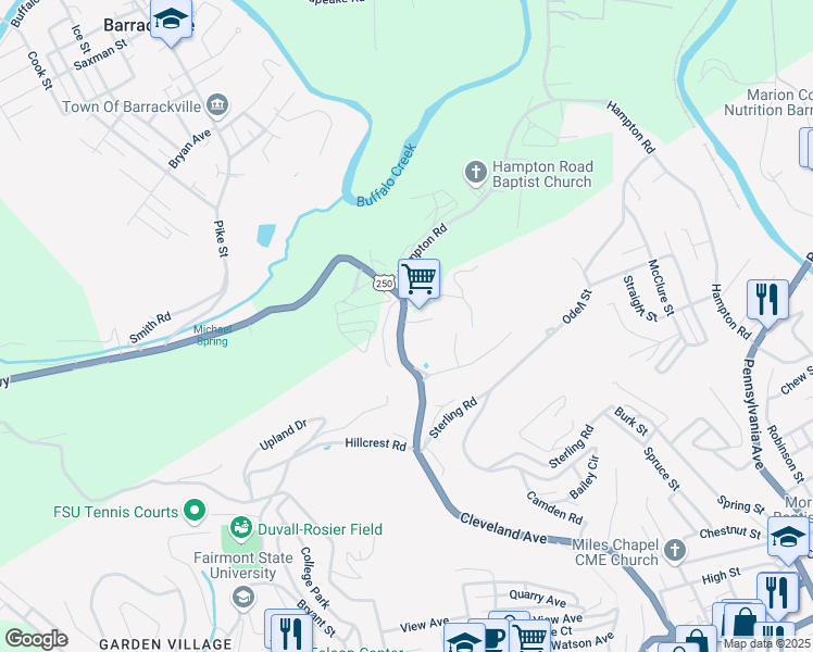 map of restaurants, bars, coffee shops, grocery stores, and more near 50 Greenbrier Plaza in Fairmont