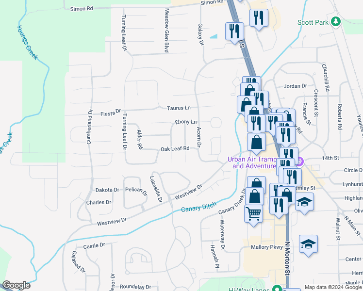 map of restaurants, bars, coffee shops, grocery stores, and more near 1622 Black Oak Lane in Franklin