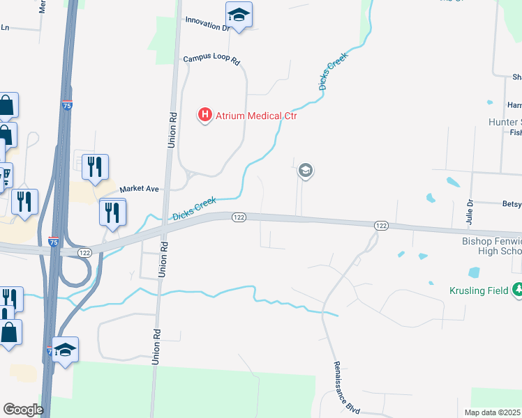 map of restaurants, bars, coffee shops, grocery stores, and more near Atrium Boulevard in Middletown
