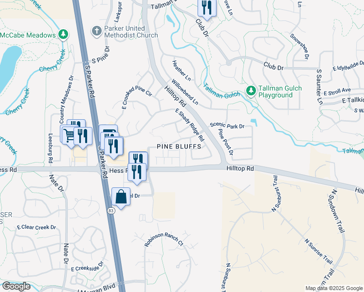 map of restaurants, bars, coffee shops, grocery stores, and more near 12206 Stone Timber Court in Parker