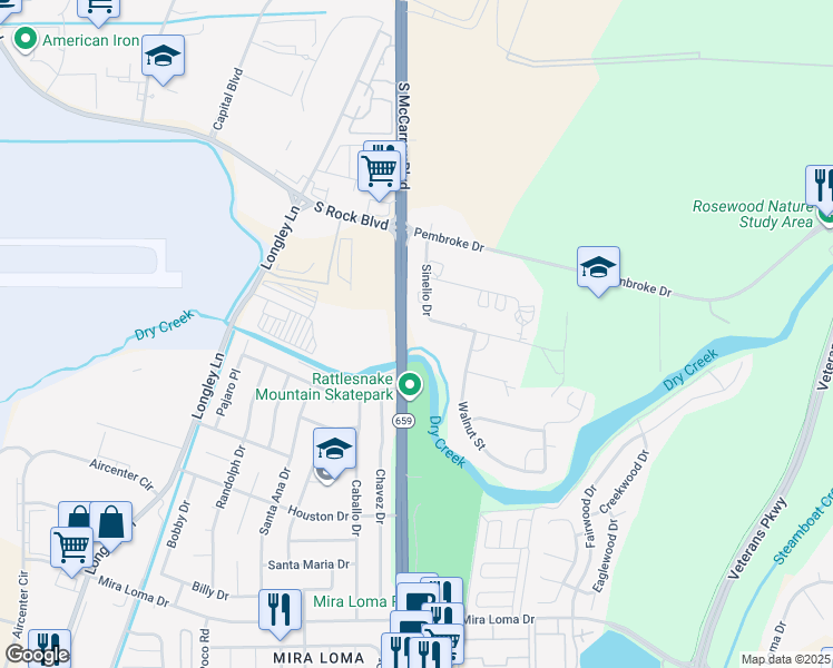 map of restaurants, bars, coffee shops, grocery stores, and more near 4810 Sinelio Drive in Reno