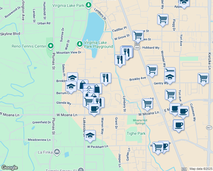 map of restaurants, bars, coffee shops, grocery stores, and more near 655 Robinhood Drive in Reno